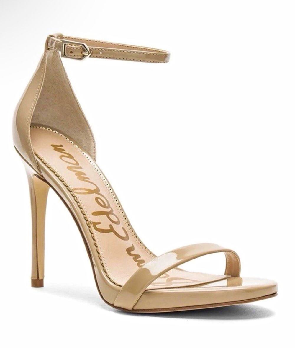 Sam Edelman Beige Patent Leather Ankle Strap Open Toe Stiletto Heels 8M